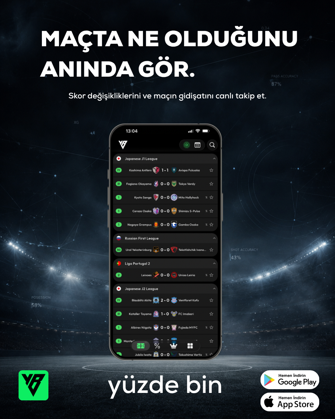 Yüzde Bin canlı skor ve maç listesi ekranı